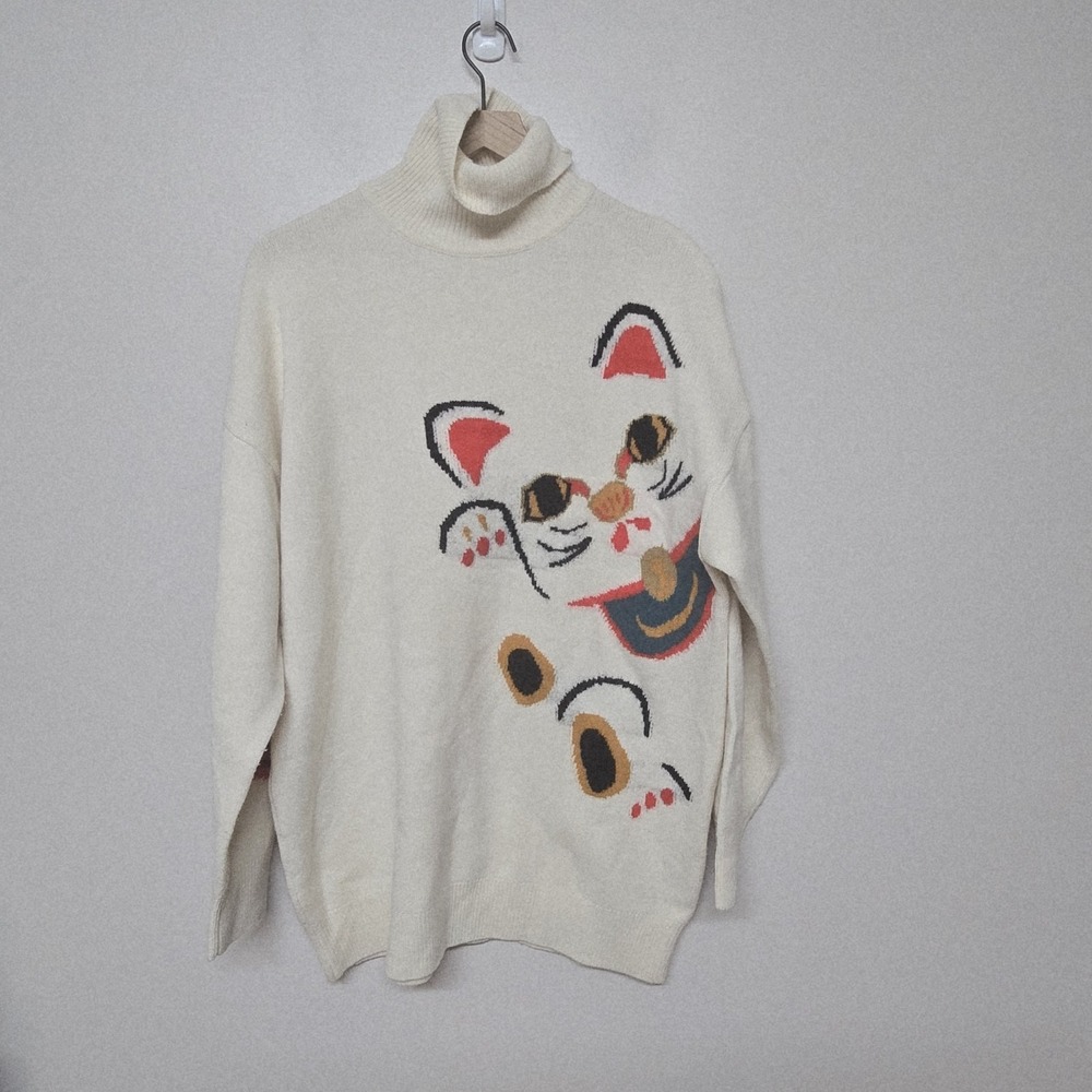 Mo&co Womens Maneki-neko‎ Cat Knit Wool Turtleneck Long Ivory Sweater Sz L